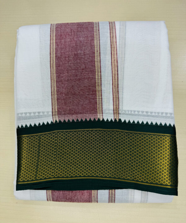 Pure Cotton White Dhoti With Maroon / Green (Mayilkan) Zari Border (13 Kan)