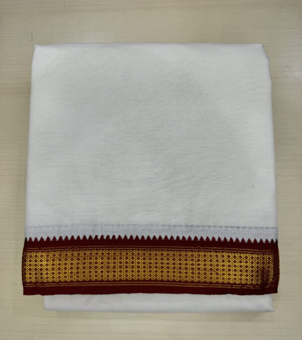 Pure Cotton Cream Dhoti With Maroon / Green (Meenkan) Zari Border (7 Kan)