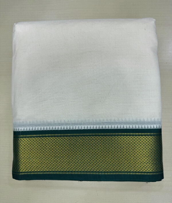PREMIUM COTTON KORVAI CREAM DHOTI WITH MAROON / GREEN (MAYILKAN) ZARI BORDER (13 KAN)