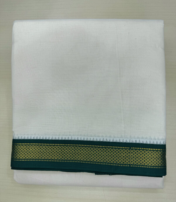 PREMIUM COTTON KORVAI CREAM DHOTI WITH MAROON / GREEN (MAYILKAN) ZARI BORDER (5 KAN)