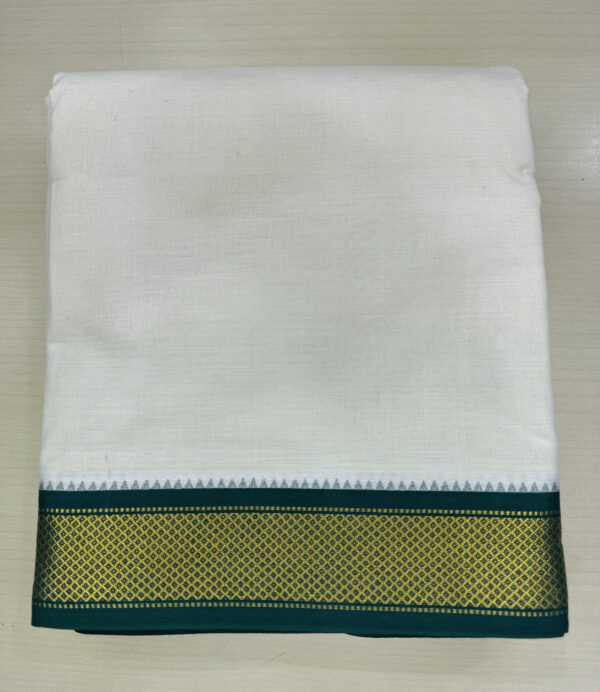 PREMIUM COTTON KORVAI CREAM DHOTI WITH MAROON / GREEN (MAYILKAN) ZARI BORDER (9 KAN)