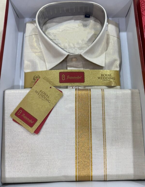 Cotton Tissue Gold Shirt & Matching Dhoti with Gold zari border