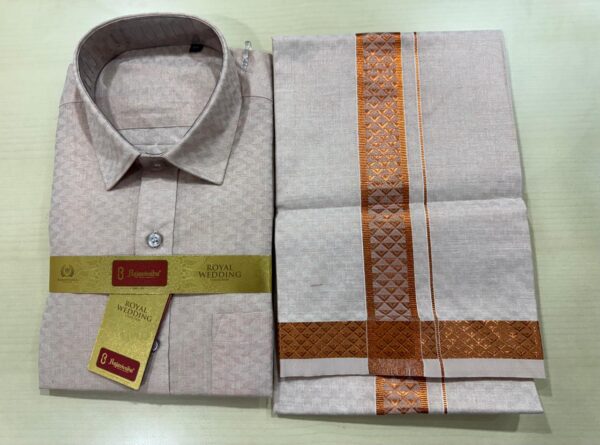 Matching Shirt & Dhoti Set - Cotton Tissue Embossed Copper