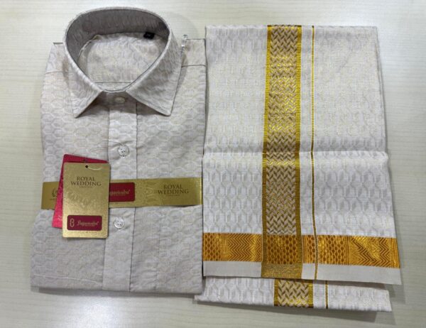 Matching Shirt & Dhoti Set - Cotton Tissue Embossed Gold