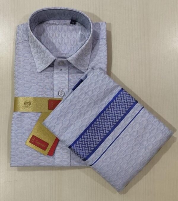 Matching Shirt & Dhoti Set - Cotton Tissue Embossed Blue