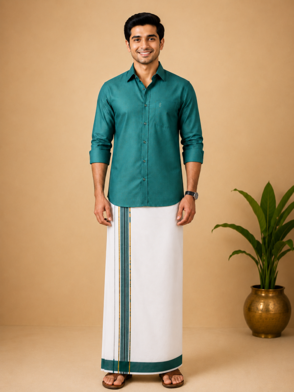 Linen Cotton Green Shirt with Matching Border Dhoti