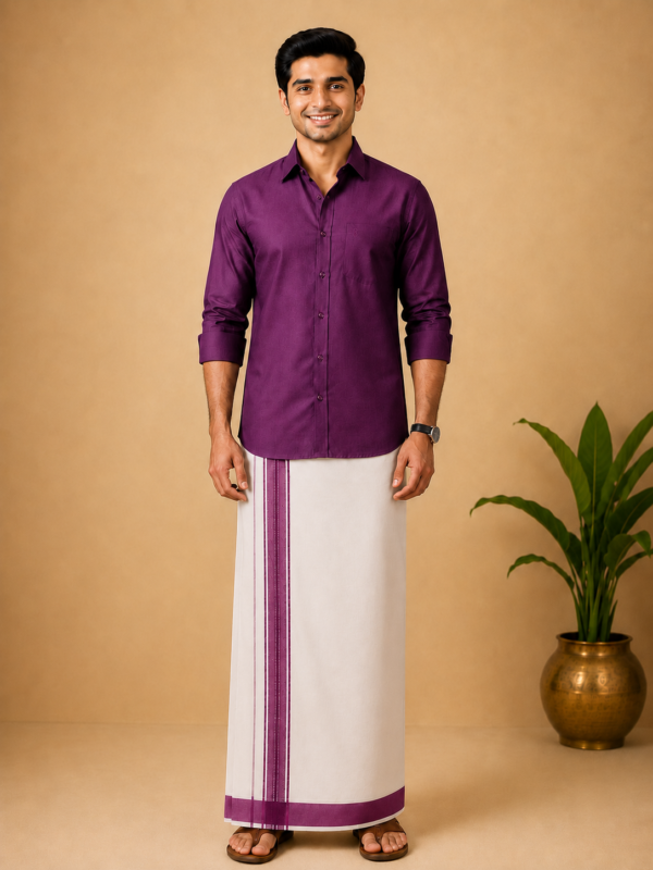 Linen Cotton Purple Shirt with Matching Border Dhoti