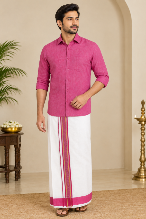 Linen Cotton Pink Shirt with Matching Border Dhoti