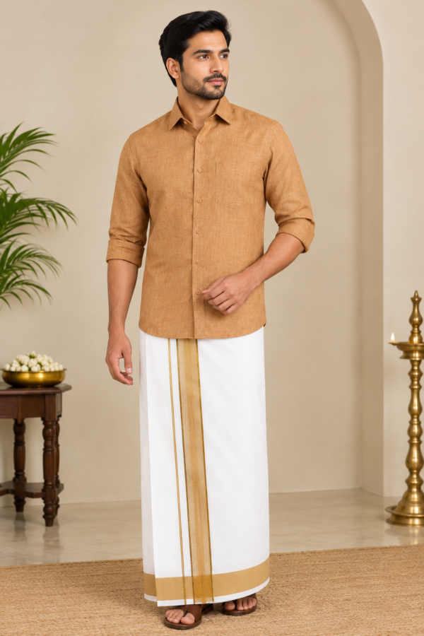 Linen Cotton Mustard Shirt with Matching Border Dhoti